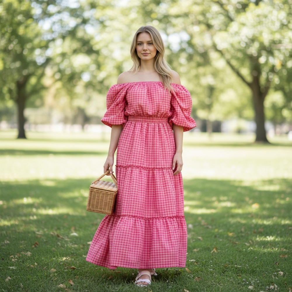 Zoco Pink Red Gingham Tiered Maxi Dress Off Shoulder Puff Sleeve Medium